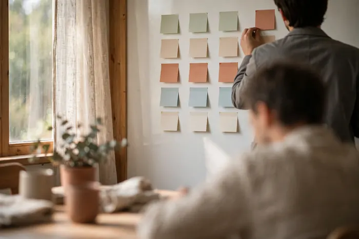 Person placing sticky notes in columns on a whiteboard