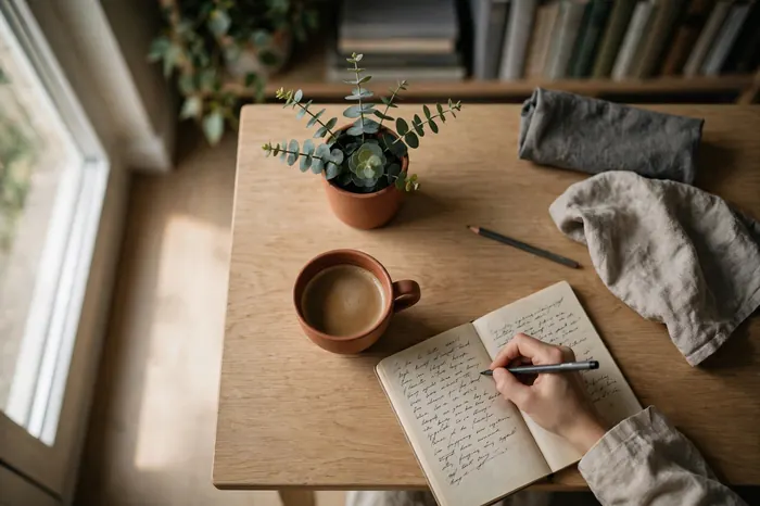 Hand writing notes in a notebook next to a cup of coffee