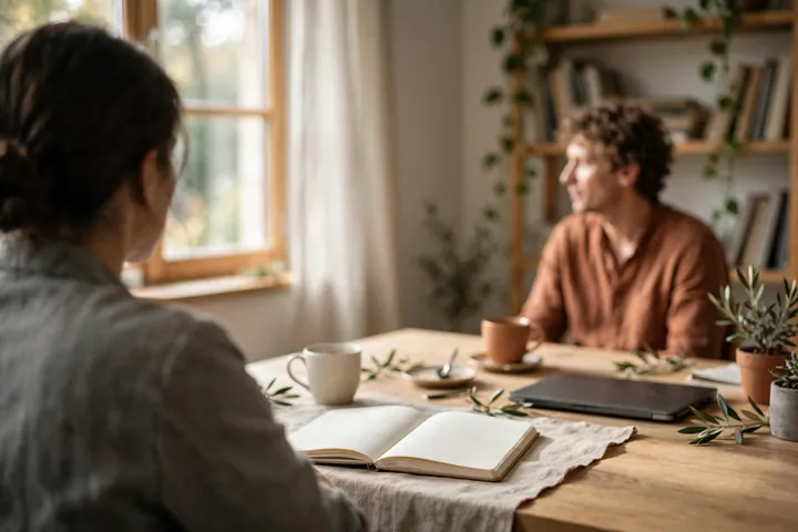 Two people talking at a wooden table with notebooks and coffee in a bright study
