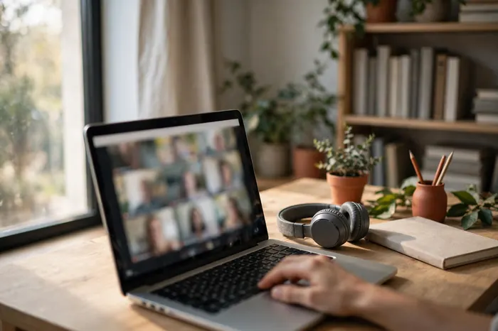 Laptop showing a video class, with headphones and a notebook on the desk